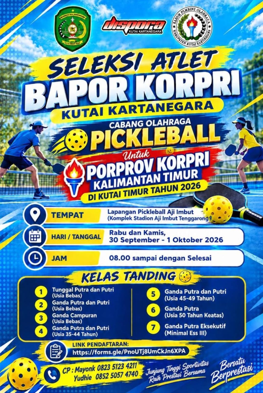 Poster Seleksi Atlet BAPOR KORPRI Kukar Cabor Pickleball untuk bermain di Proprov IV KORPRI Kalimantan Timur tahun 2026.